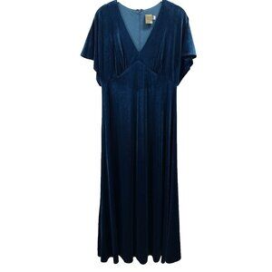 Taylor Women's Maxi Dress 6 Dark Blue Velvet Babydoll Short Sleeve Back Zipper